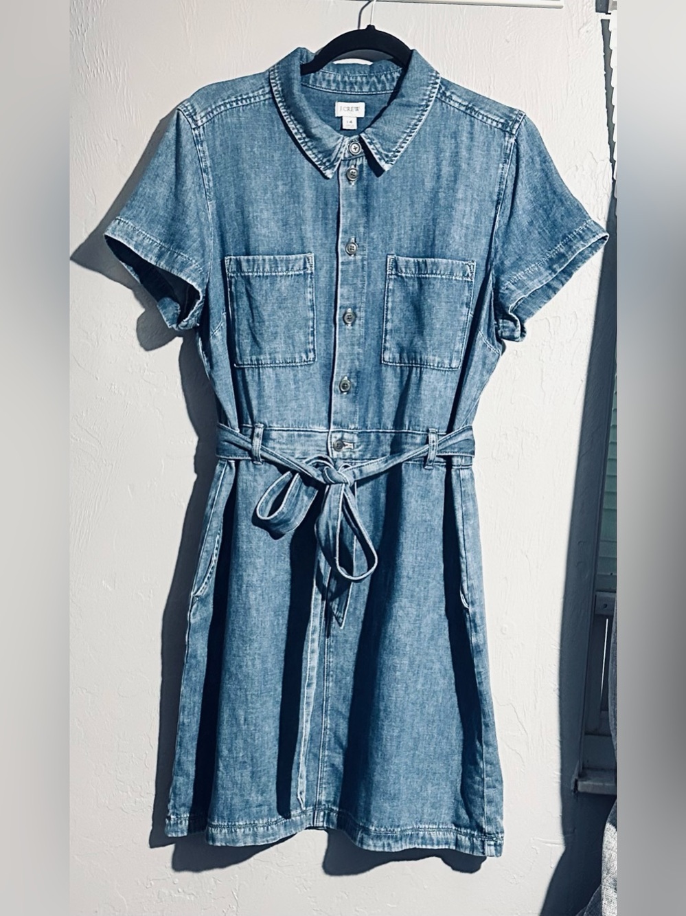 J. Crew Short Sleeved Denim Utility Shirt Dress with Tie Waist, Size 14